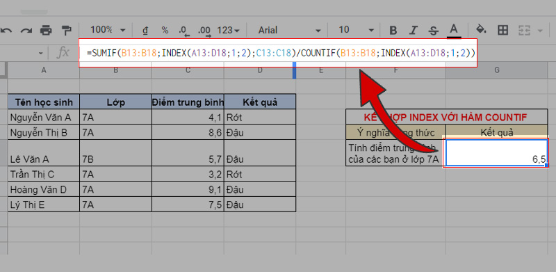 Kết hợp INDEX với COUNTIF